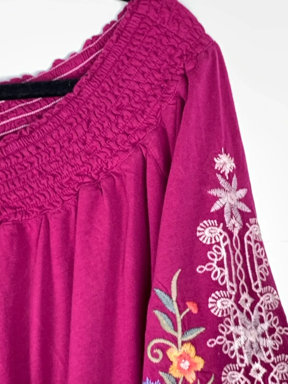 Johnny Was Oversized Off Shoulder Embroidered Boho Floral Peasant Top Cotton